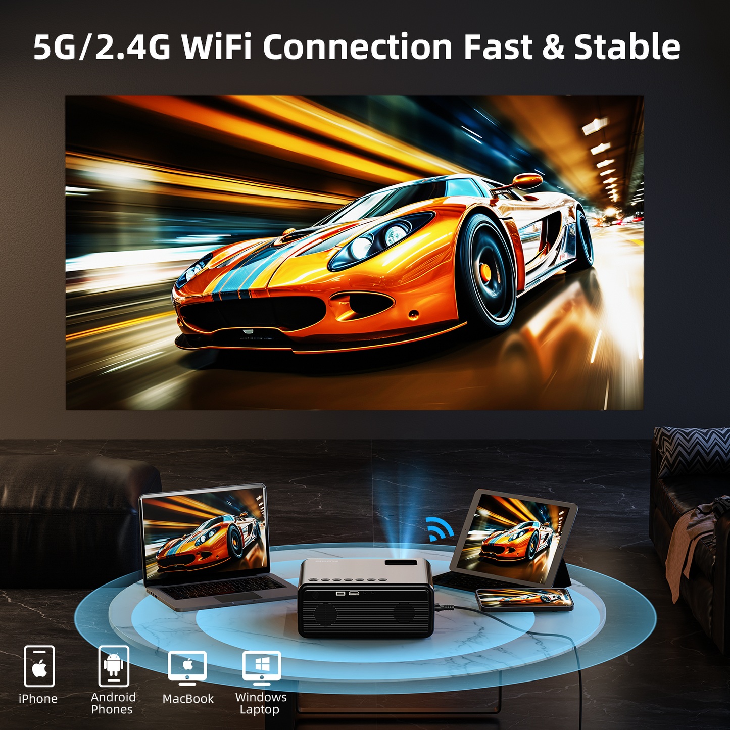 FUDONI Projector with WiFi and Bluetooth, Upgraded 5G Portable Projectors 4K Supported Native 1080P 12000L, Outdoor LED Movie Projector for Home Theater, Compatible w/iOS Android Phone/TV Stick/Laptop FUDONI