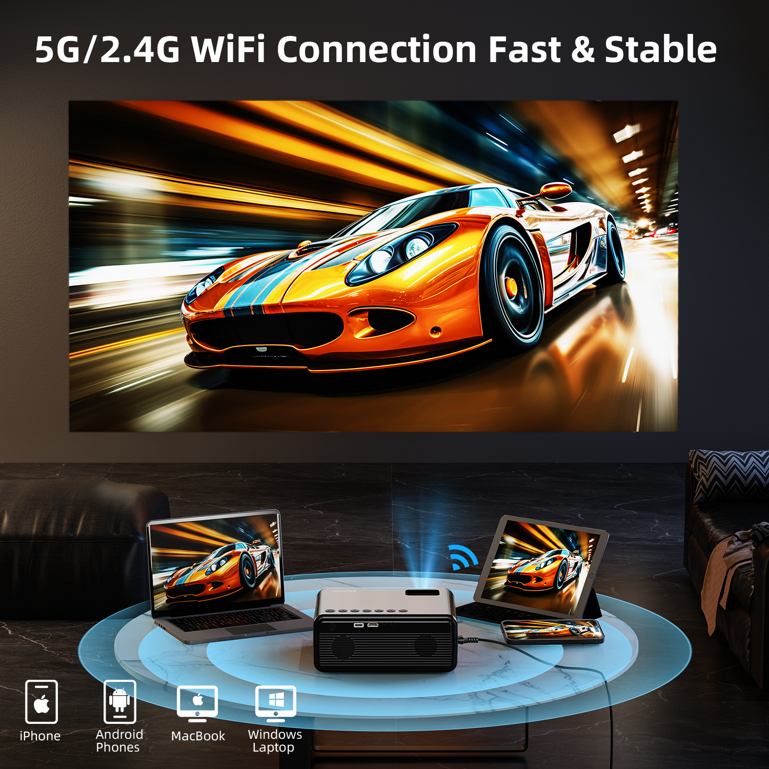 FUDONI Projector with WiFi and Bluetooth, Upgraded 5G Portable Projectors 4K Supported Native 1080P 12000L, Outdoor LED Movie Projector for Home Theater, Compatible w/iOS Android Phone/TV Stick/Laptop FUDONI