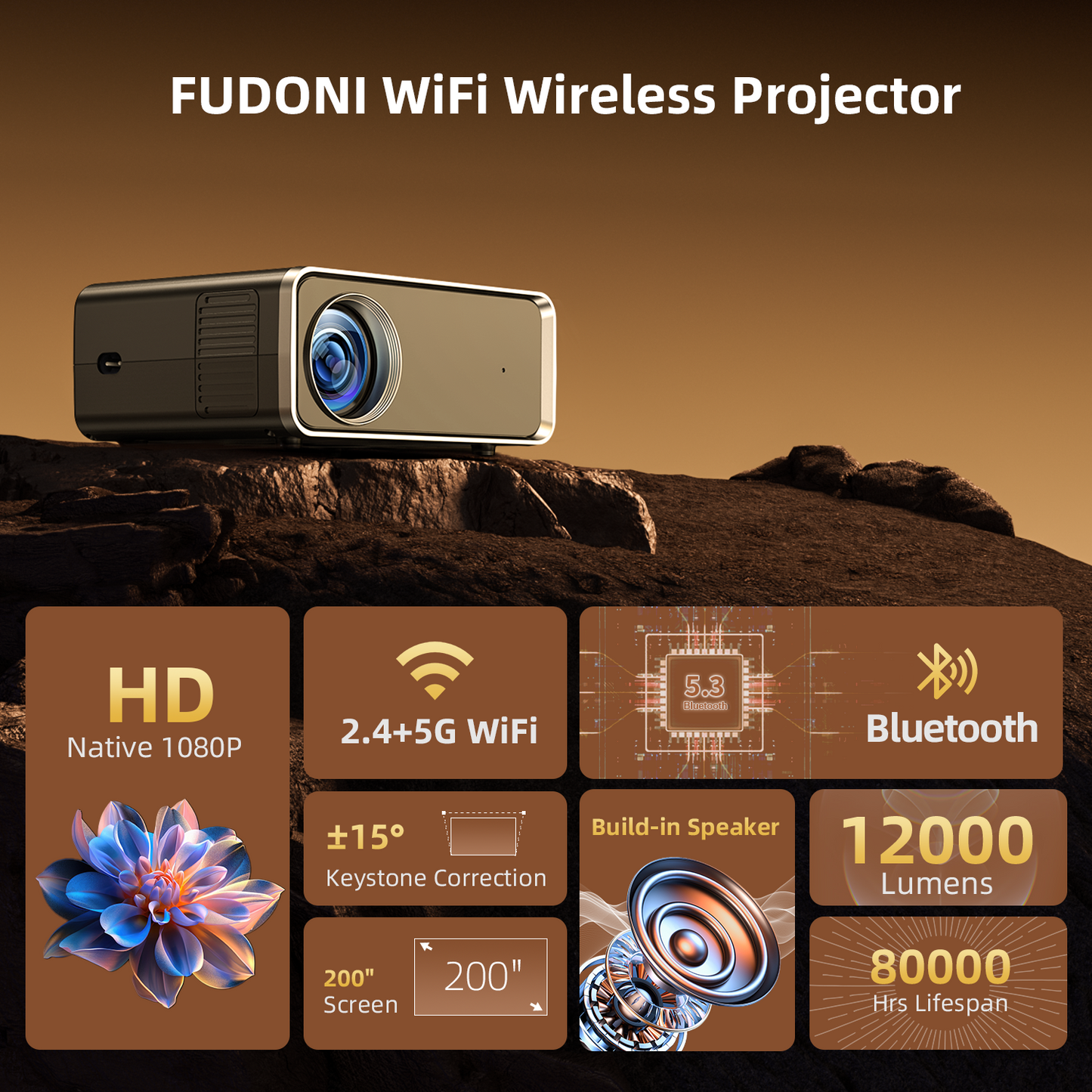 FUDONI Projector with WiFi and Bluetooth, Upgraded 5G Portable Projectors 4K Supported Native 1080P 12000L, Outdoor LED Movie Projector for Home Theater, Compatible w/iOS Android Phone/TV Stick/Laptop FUDONI