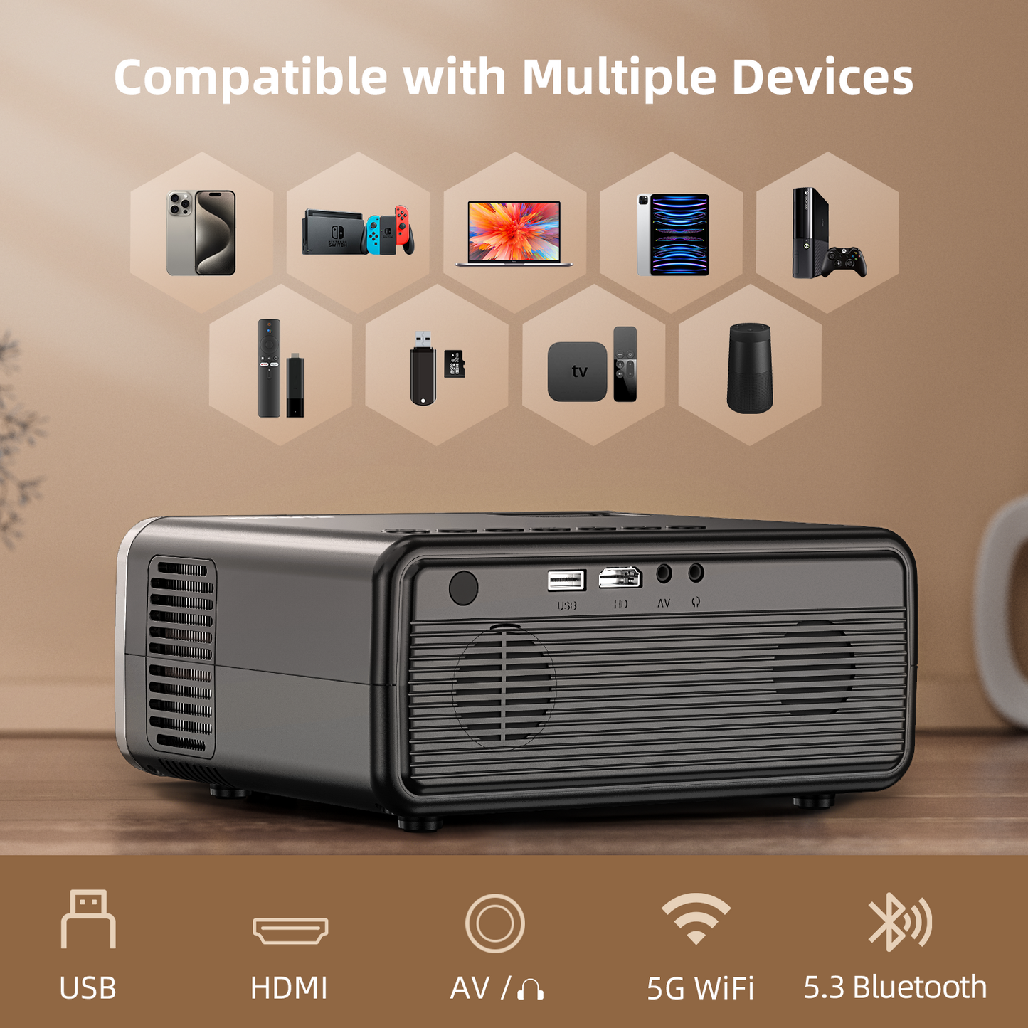 FUDONI Projector with WiFi and Bluetooth, Upgraded 5G Portable Projectors 4K Supported Native 1080P 12000L, Outdoor LED Movie Projector for Home Theater, Compatible w/iOS Android Phone/TV Stick/Laptop FUDONI