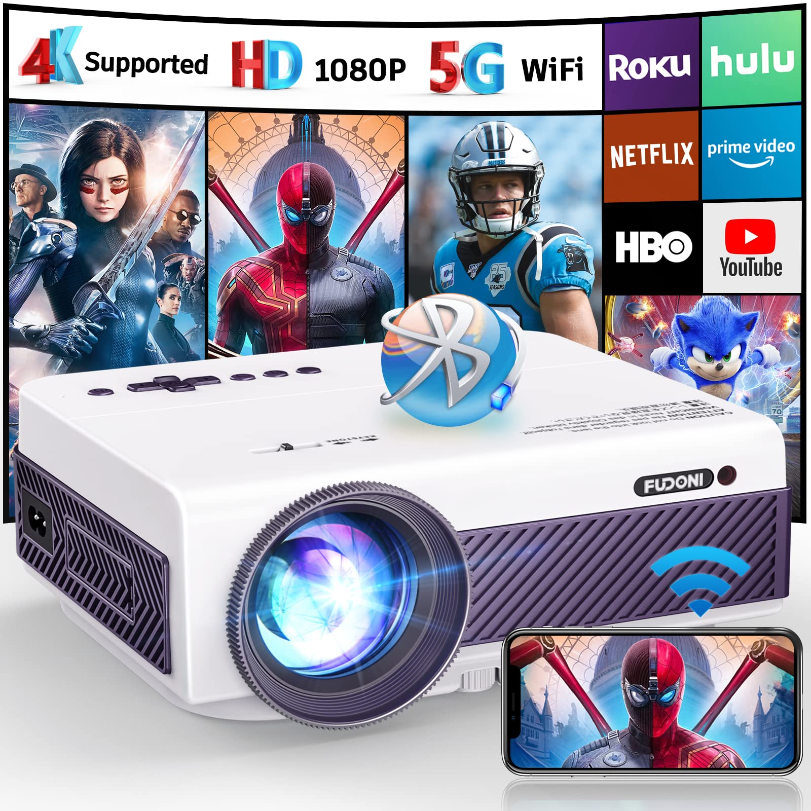 Projector with WiFi and Bluetooth, FUDONI 5G WiFi Native 1080P Outdoor