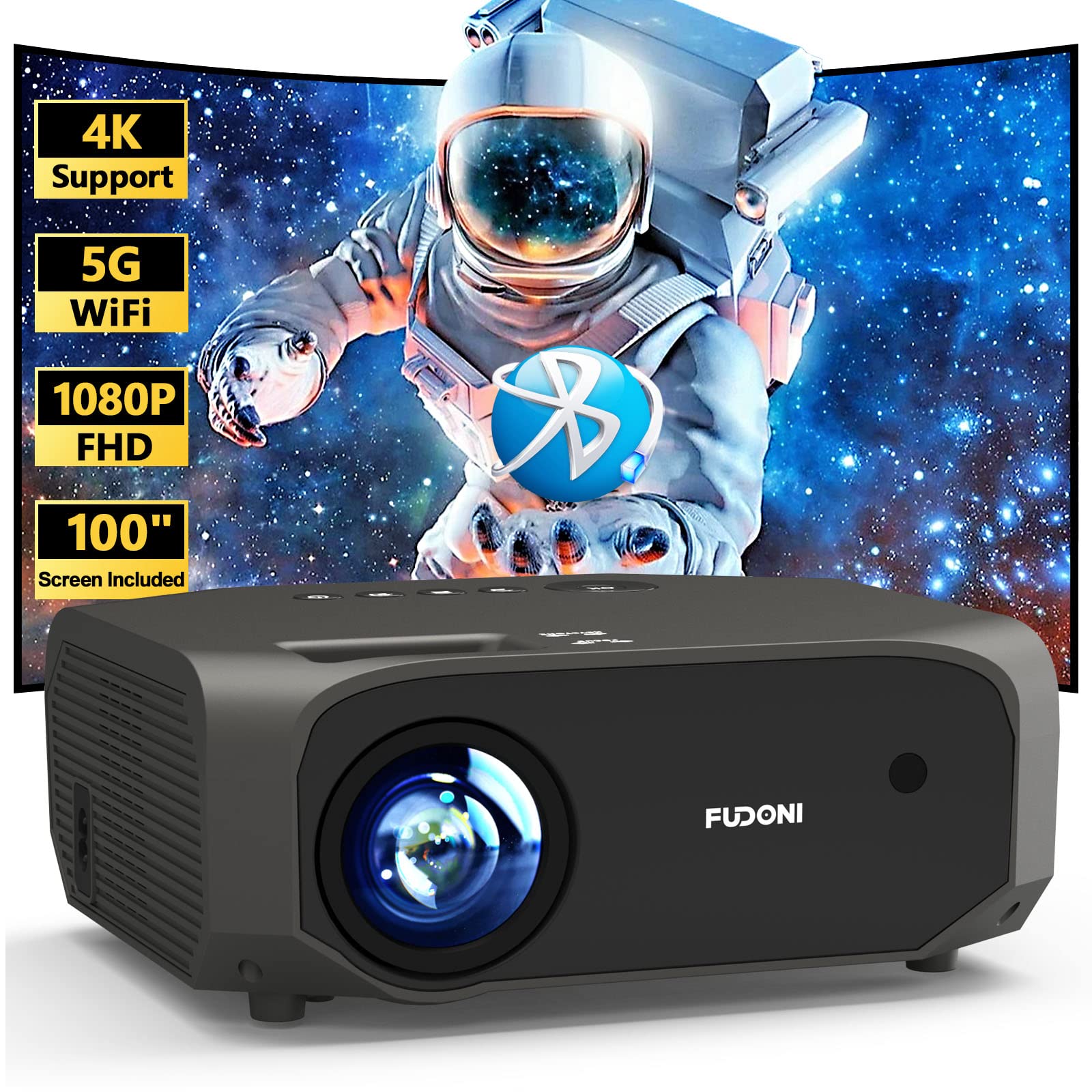 FUDONI Projector with 5G WiFi and Bluetooth, 10000L Native 1080P Portable Outdoor Video Projector 4K Supported, Home Theater Movie Projector with Screen for Phone/PC/TV Stick/PS5 FUDONI