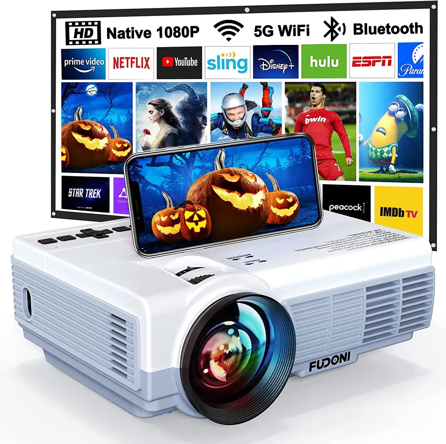 FUDONI Portable Movie Projector with WiFi and Bluetooth,5G WiFi Native  1080P Video Projector
