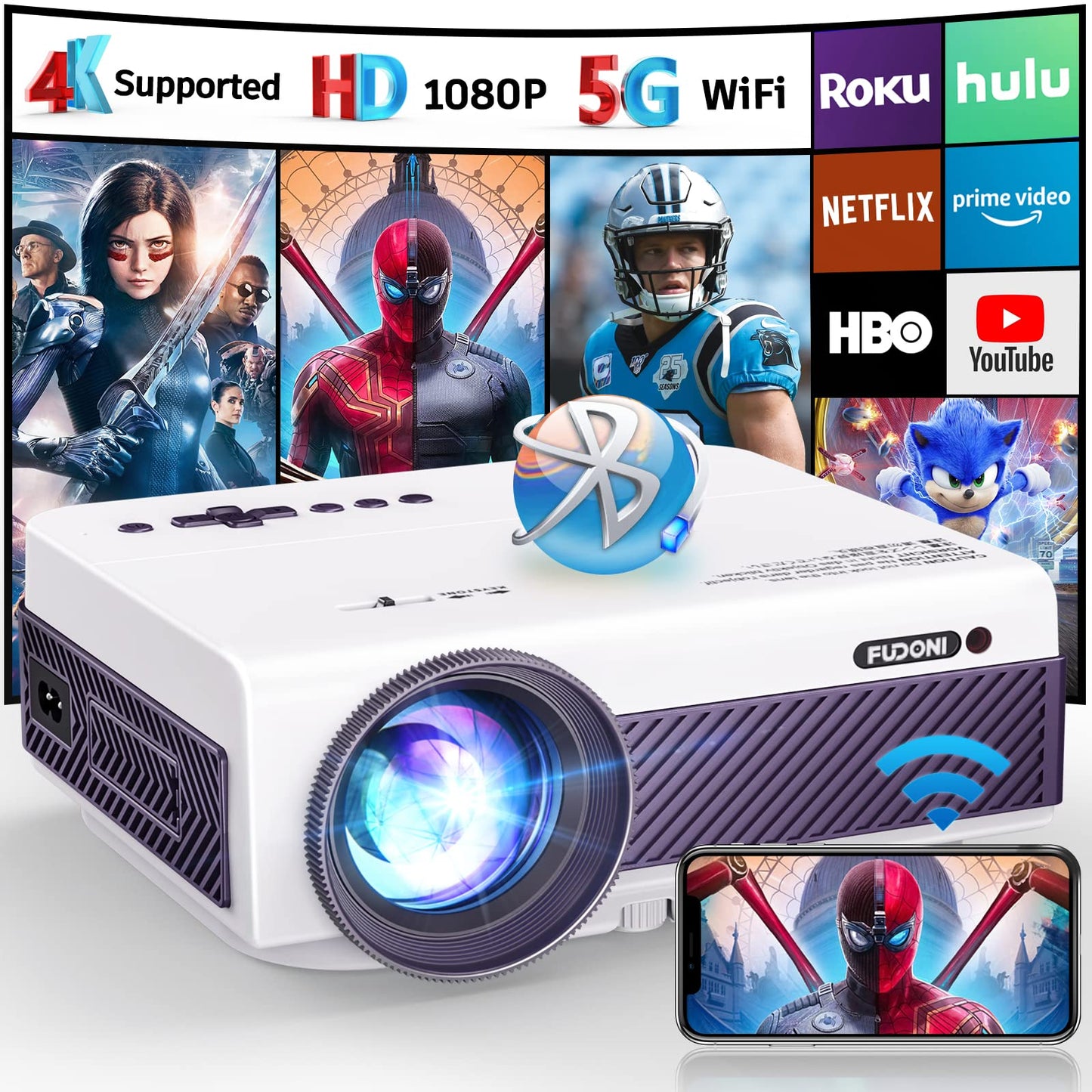 Projector with WiFi and Bluetooth, FUDONI 5G WiFi Native 1080P Outdoor Projector 10000L Support 4K, Portable Movie Projector with Screen and Max 300", for iOS/Android/Laptop/TV Stick/HDMI/USB/VGA/TF Fudonipower.com