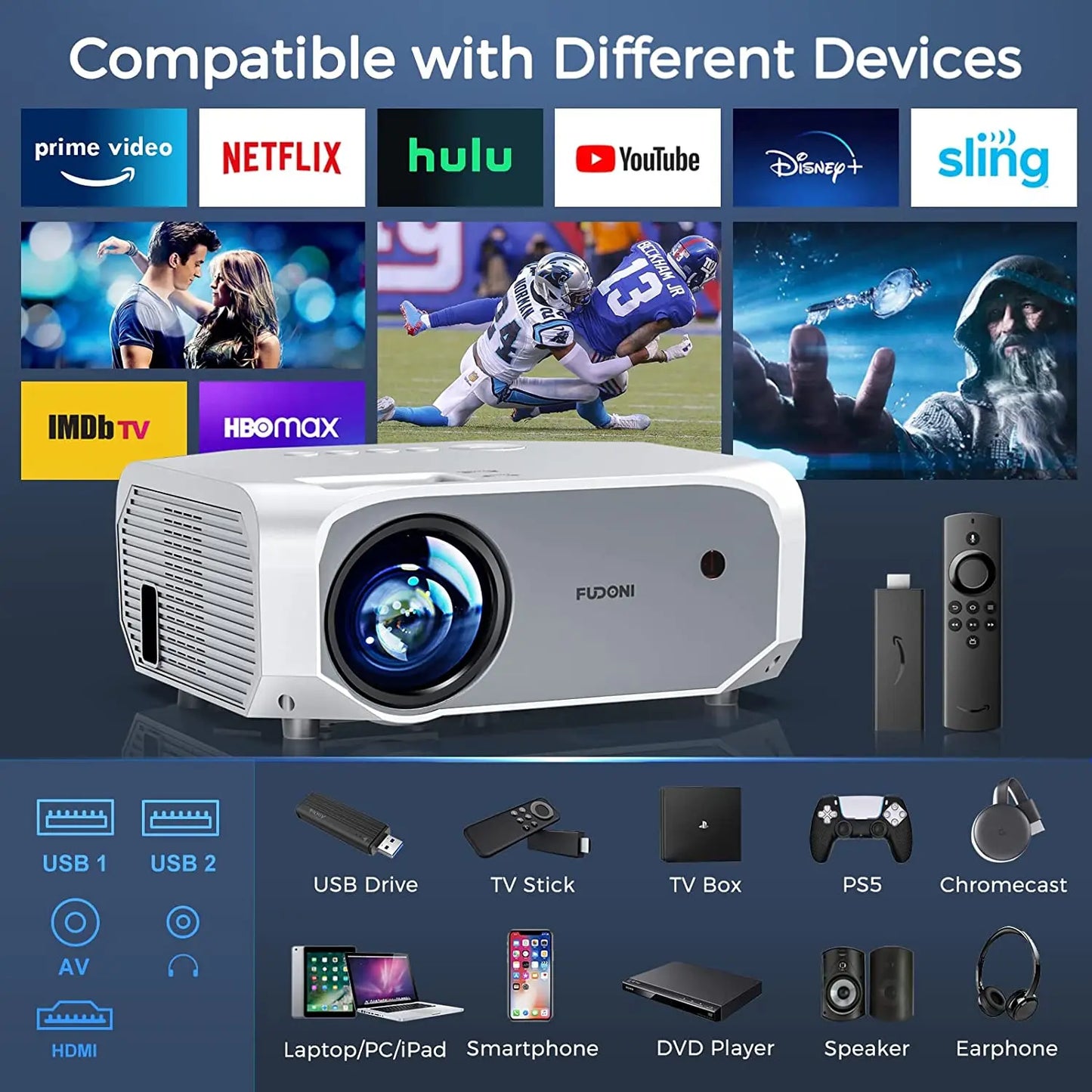 New Year Sale - Native 1080P 5G WiFi Projector 4k Supported, FUDONI 10000L Portable Outdoor Projector with Screen, Home Theater Projector for iOS/Android/TV Stick/Laptop/HDMI/USB FUDONI