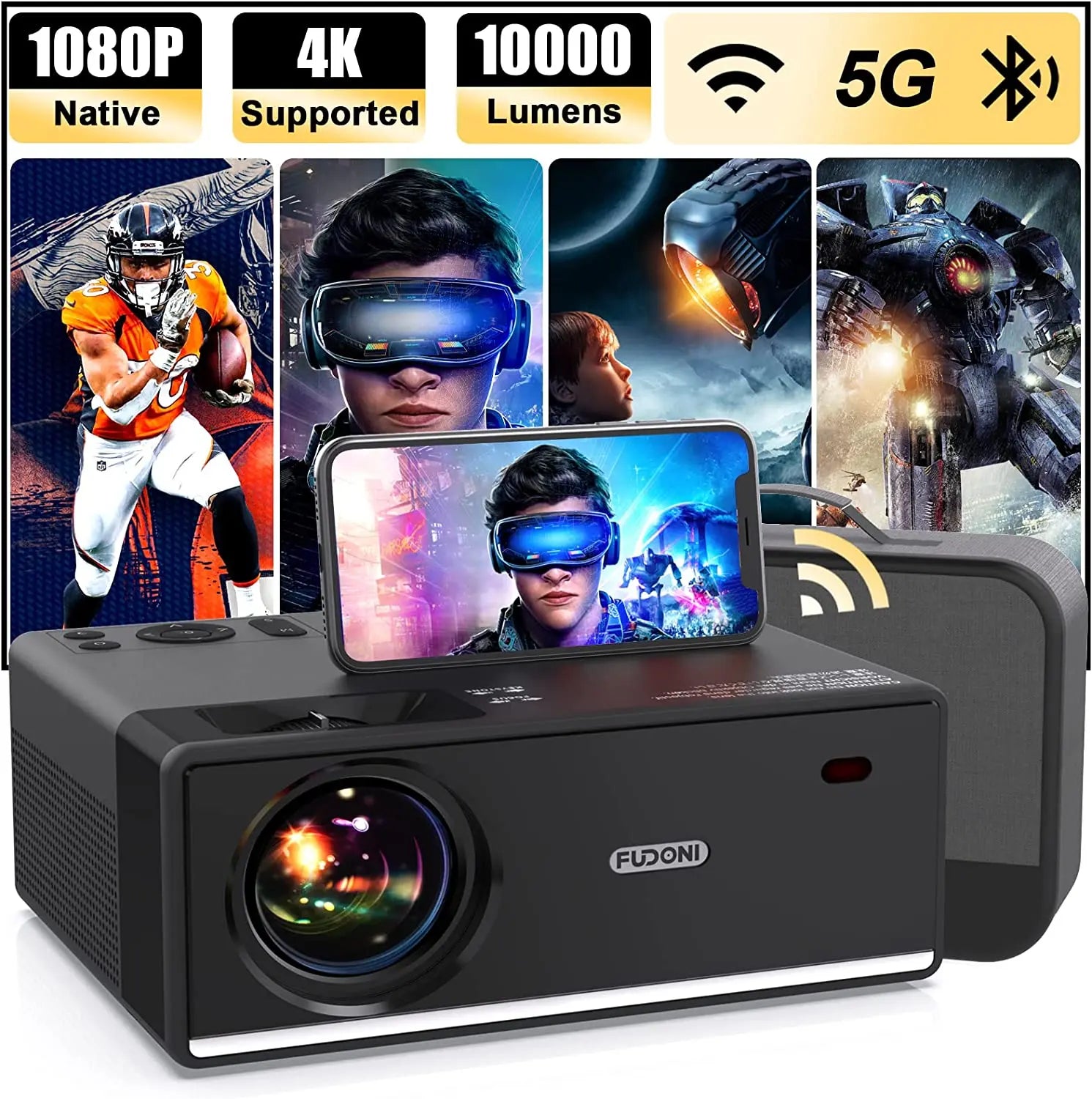 New Year Sale - Projector with WiFi and Bluetooth, Projector 4K Support Native 1080P Projector, 5G WiFi FUDONI Outdoor Projector with 400 ANSI Max 300" Display, Movie Projector Compatible w/iOS/Android/Win/PS5, Black FUDONI