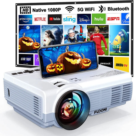 New Year Sale - Projector with WiFi and Bluetooth,5G WiFi Native 1080P Video Projector, FUDONI Portable Movie Projector FUDONI