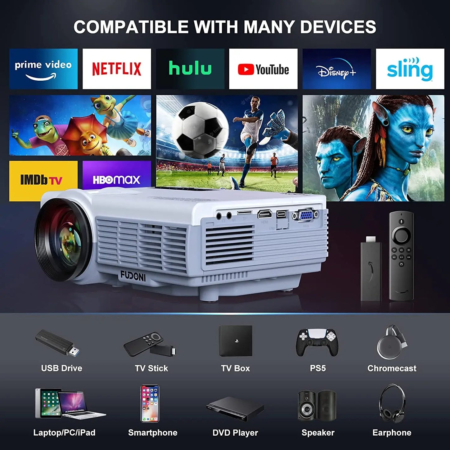New Year Sale - Projector with WiFi and Bluetooth,5G WiFi Native 1080P Video Projector, FUDONI Portable Movie Projector FUDONI
