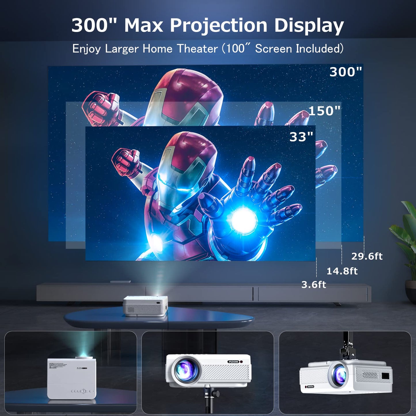 Projector with WiFi and Bluetooth, FUDONI 5G WiFi Native 1080P Outdoor Projector 10000L Support 4K, Portable Movie Projector with Screen and Max 300", for iOS/Android/Laptop/TV Stick/HDMI/USB/VGA/TF Fudonipower.com