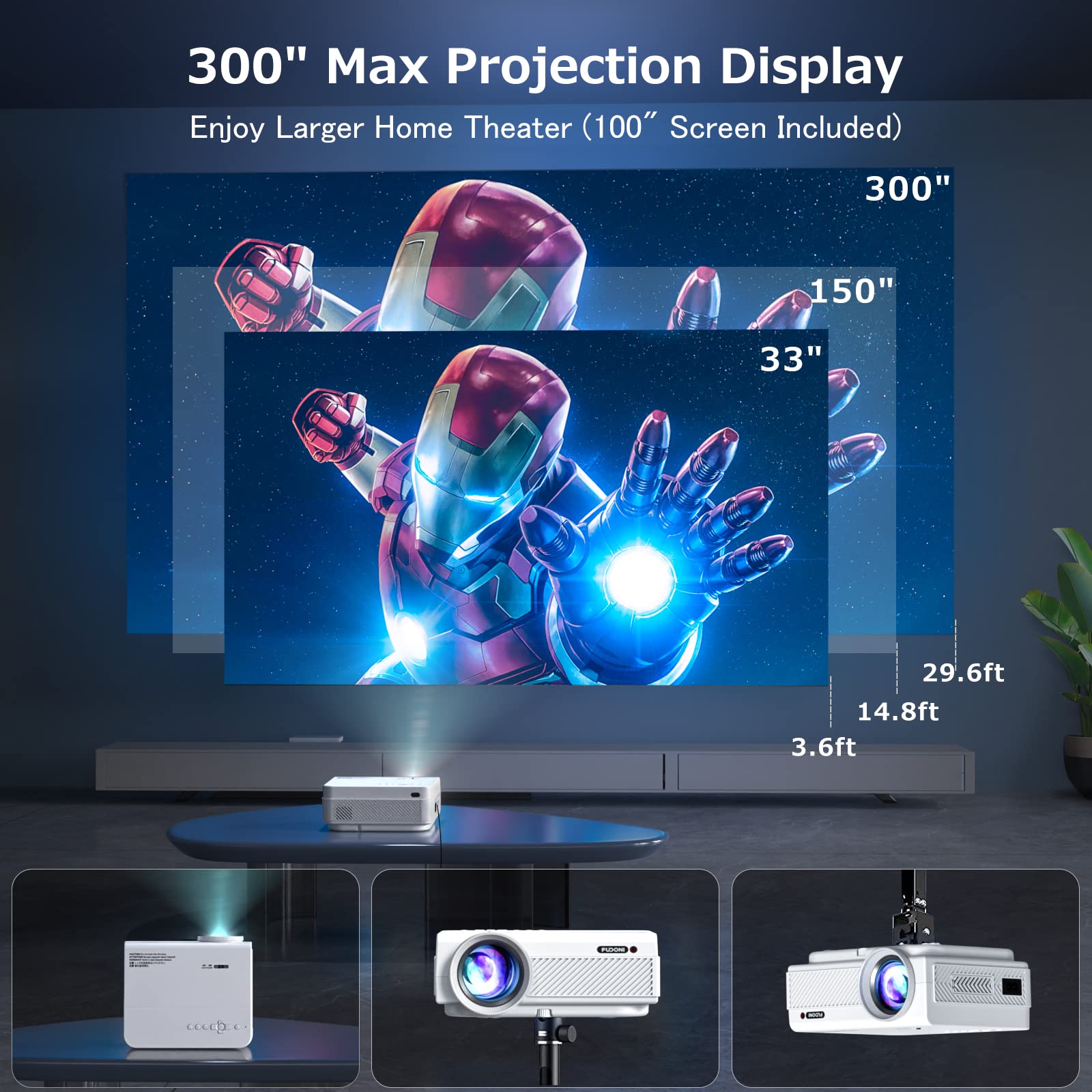 Projector with WiFi and Bluetooth, 5G WiFi Native 1080P 10000L 4K  Supported, FUDONI Portable Outdoor Projector with Screen for Home Theater