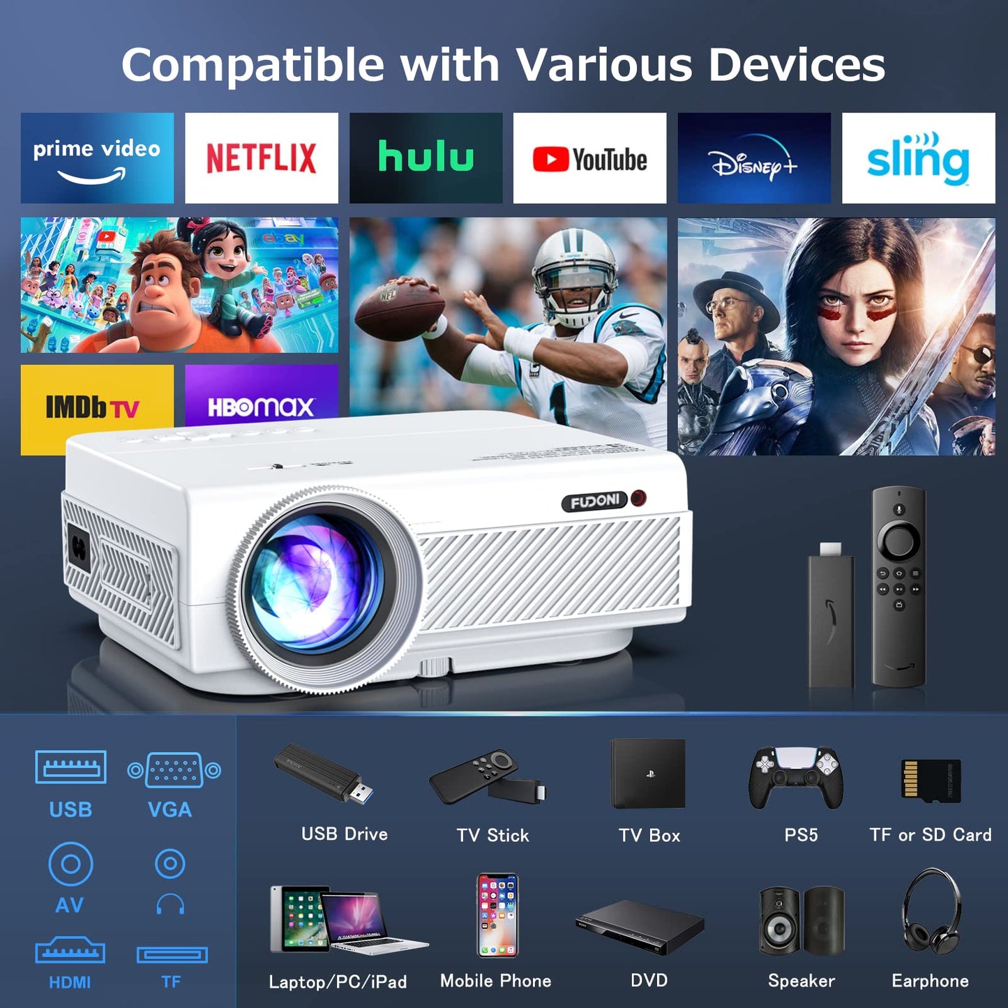 Projector with WiFi and Bluetooth, FUDONI 5G WiFi Native 1080P Outdoor Projector 10000L Support 4K, Portable Movie Projector with Screen and Max 300", for iOS/Android/Laptop/TV Stick/HDMI/USB/VGA/TF Fudonipower.com